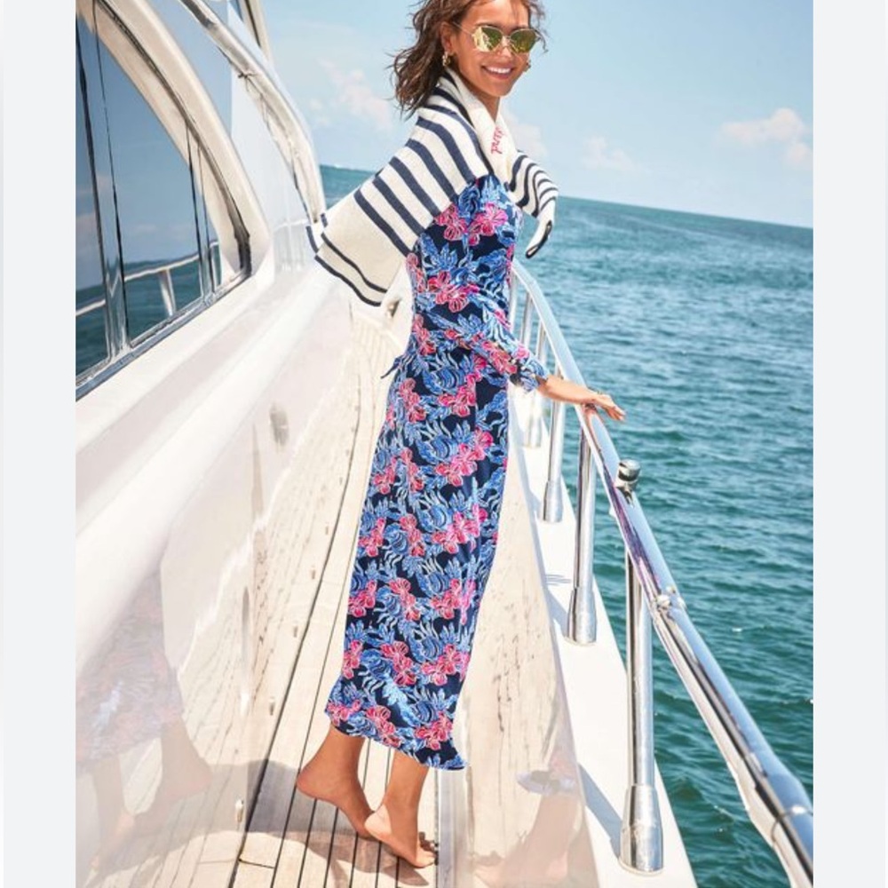 Lilly Pulitzer Low Tide Navy (Blue and Pink Floral Maxi) long sleeve. - Picture 2 of 7